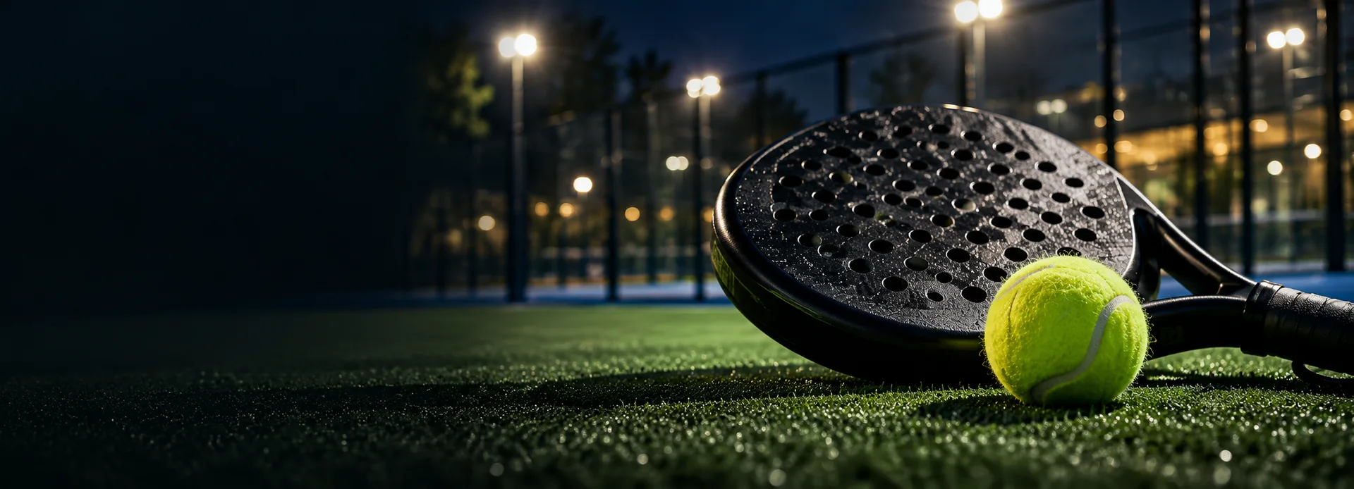 Padel racket and ball on court